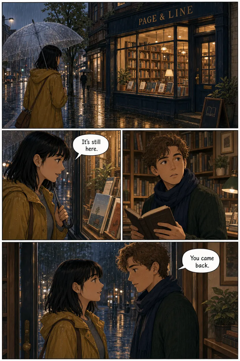 A comic page: four bordered panels in a print grid with white gutters — a wide establishing shot of a lit bookshop in the rain, two middle panels, and a wide bottom panel of two characters meeting in the doorway.
