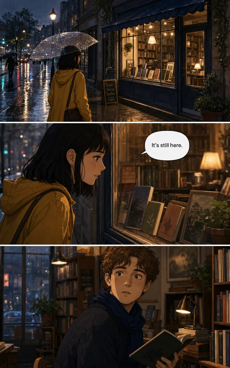 A webtoon unit: three full-width horizontal bands stacked with no side margins — the same bookshop street, the same character at the window, the same man looking up from his book inside.