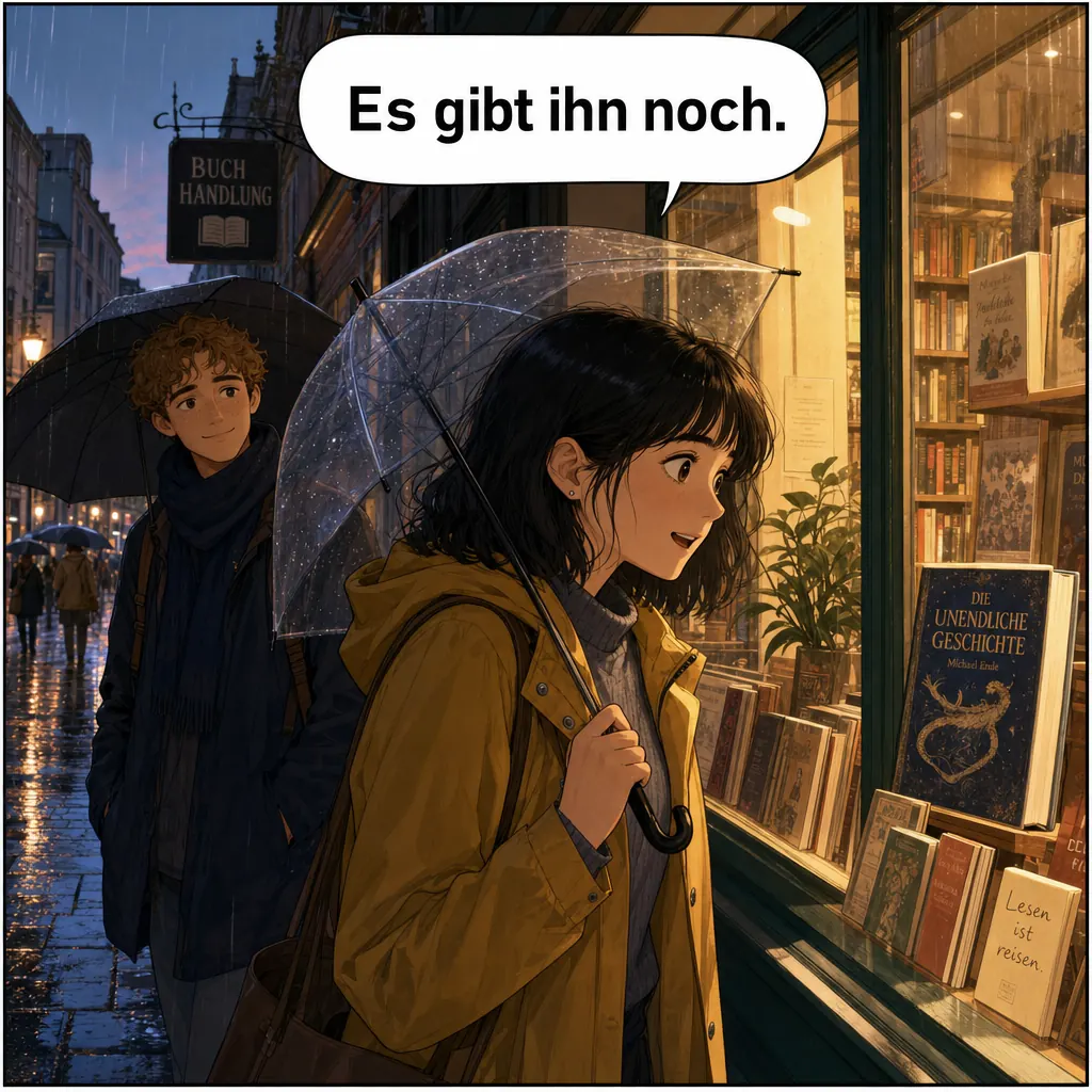 The same comic panel — a woman at a lit bookshop window in the rain — with the speech bubble lettered in Deutsch: Es gibt ihn noch.