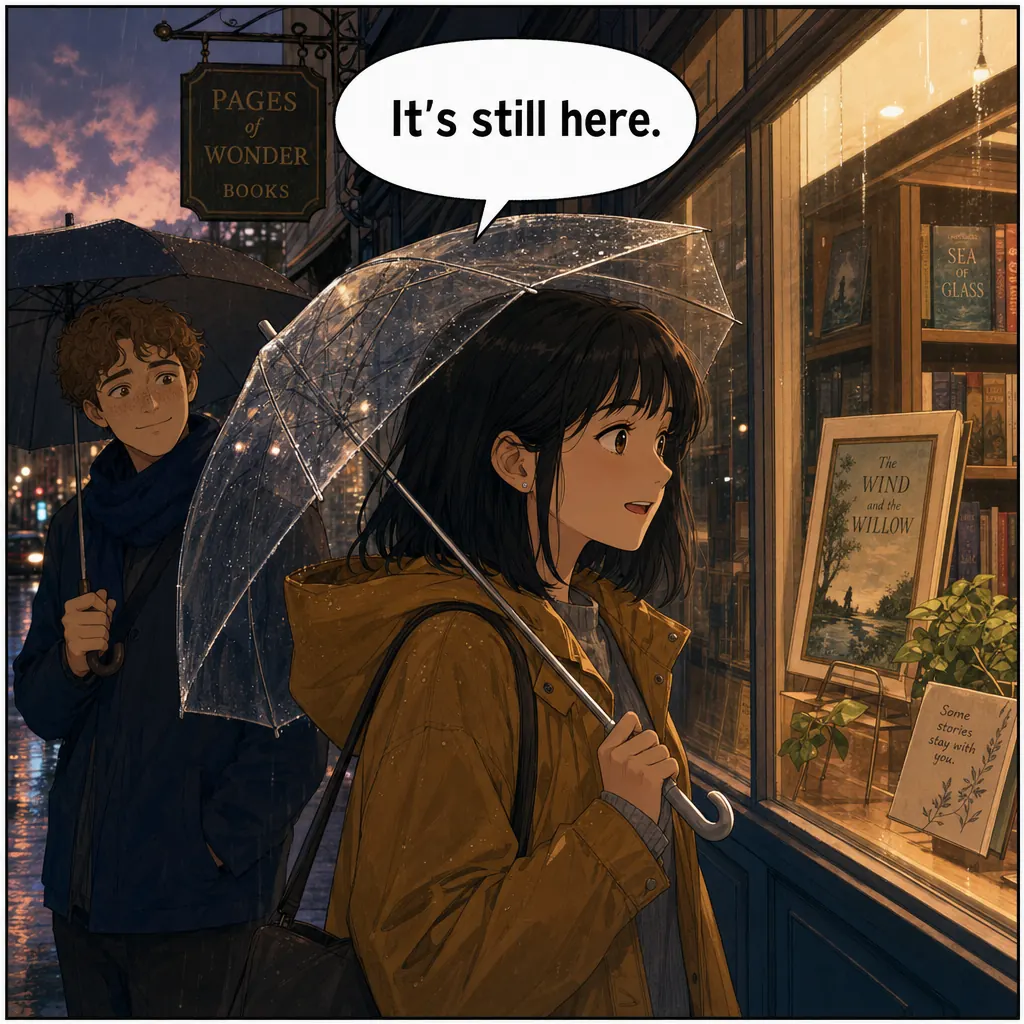 The same comic panel — a woman at a lit bookshop window in the rain — with the speech bubble lettered in English: It's still here.