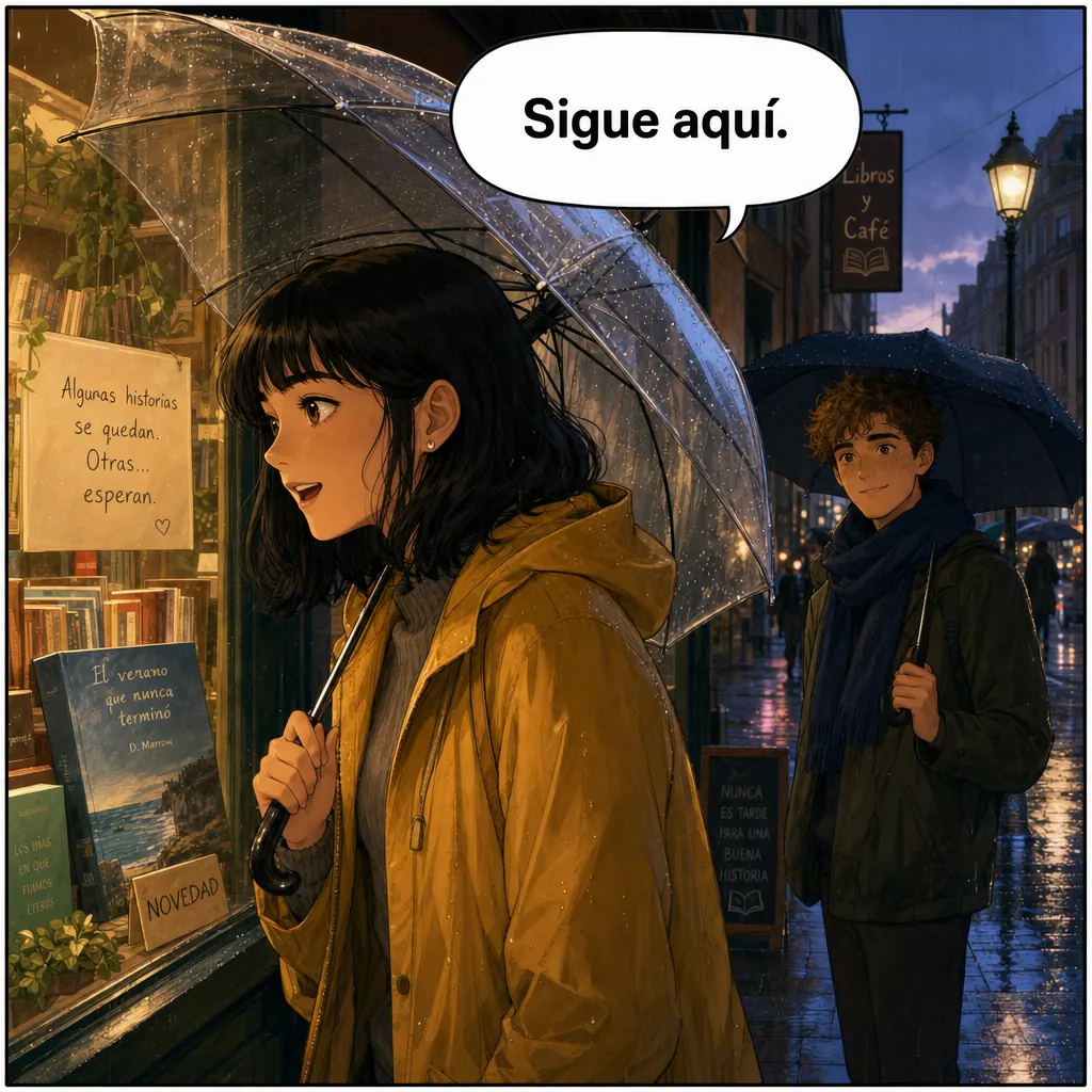 The same comic panel — a woman at a lit bookshop window in the rain — with the speech bubble lettered in Español: Sigue aquí.