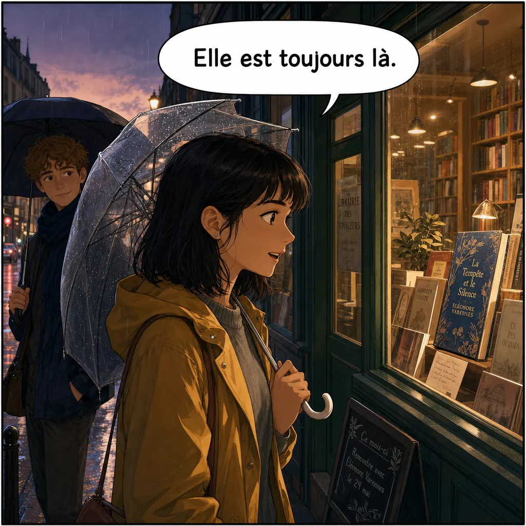 The same comic panel — a woman at a lit bookshop window in the rain — with the speech bubble lettered in Français: Elle est toujours là.