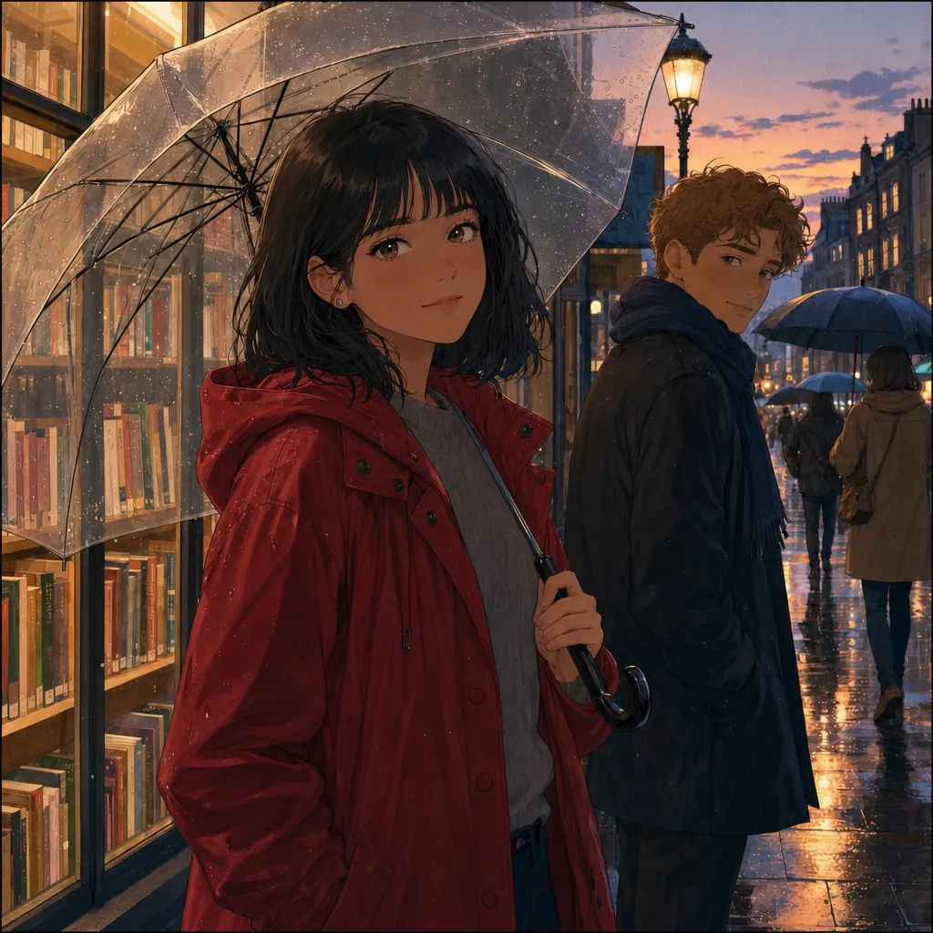 The same panel after the instruction: the same woman, pose, umbrella, street and lighting, with her raincoat now deep red instead of mustard-yellow.