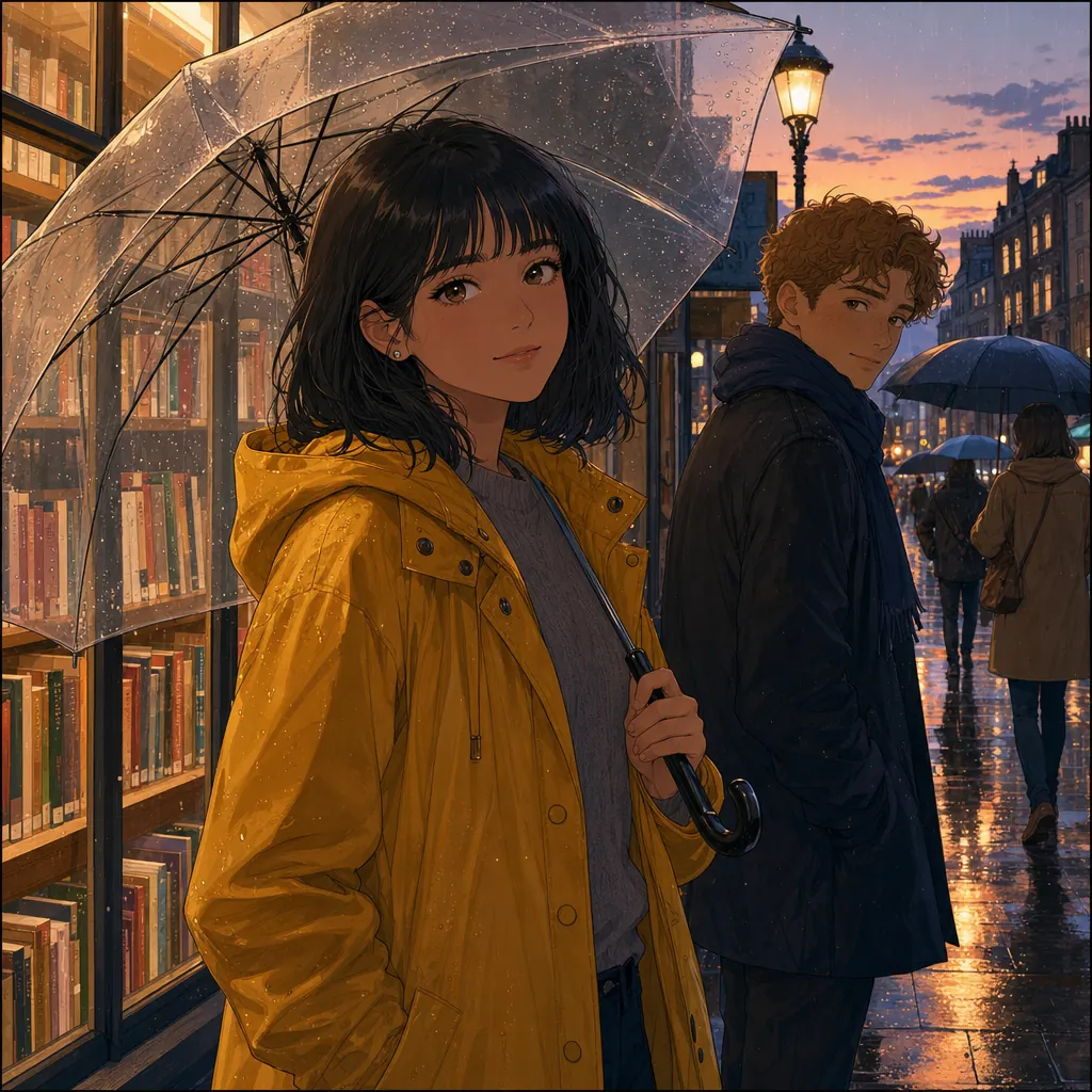 A comic panel of a woman in a mustard-yellow raincoat under a clear umbrella outside a lit bookshop in the rain.