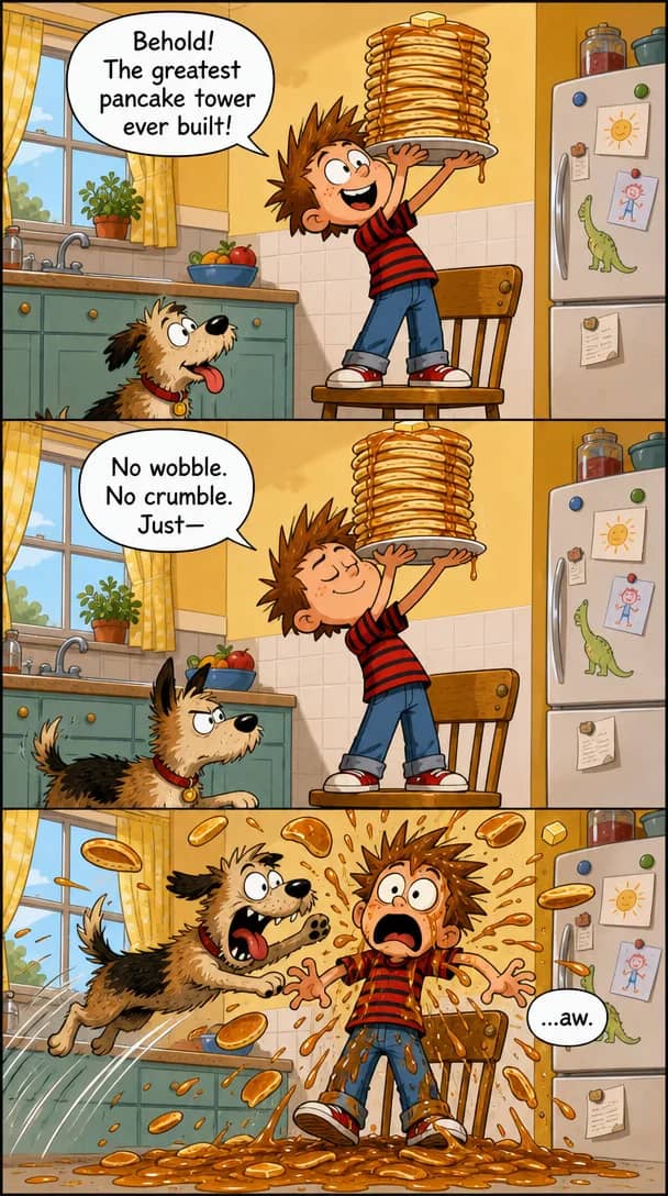 A boy balances a towering stack of pancakes on a kitchen chair, then wears them all as the dog leaps at him