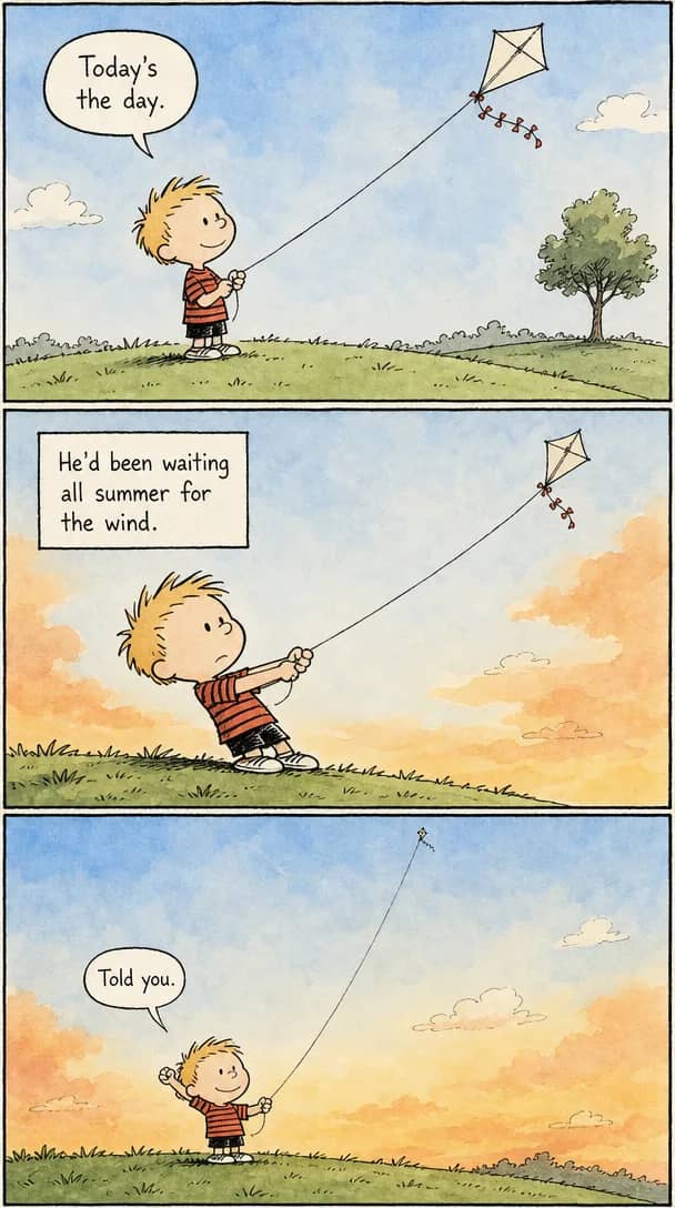 A small boy flies a kite across three panels as the sky shifts from midday blue to evening gold