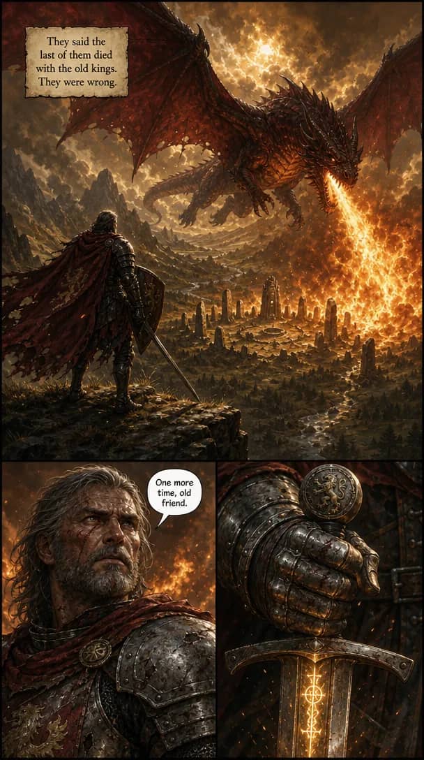 An armoured knight on a cliff watches a red dragon breathe fire over a burning valley, then grips a glowing sword