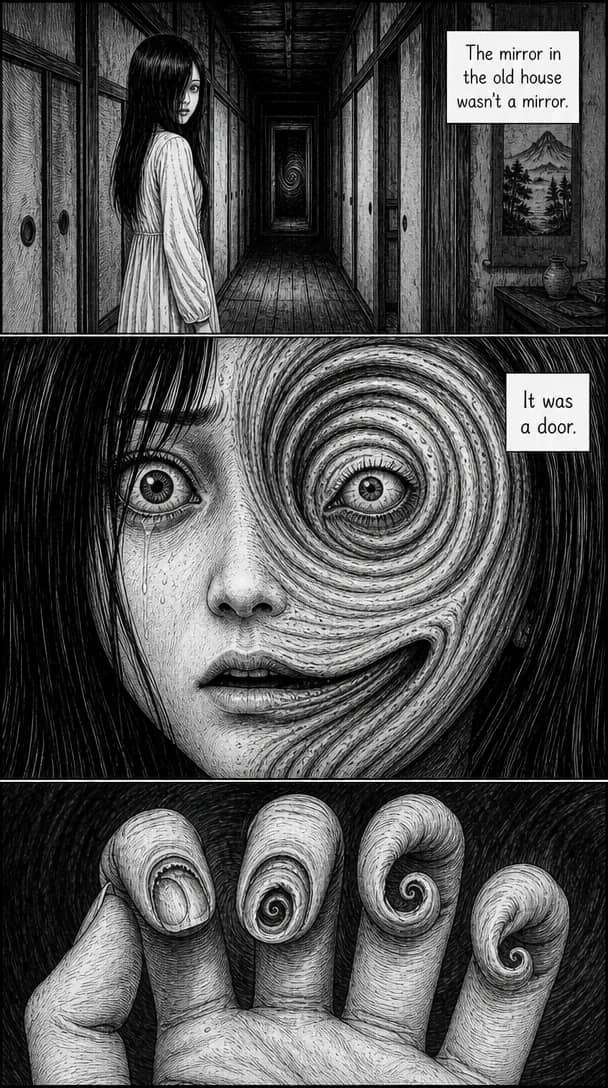 A woman in a dim wooden corridor turns to find a spiral swallowing half her face, and her fingertips curling into spirals