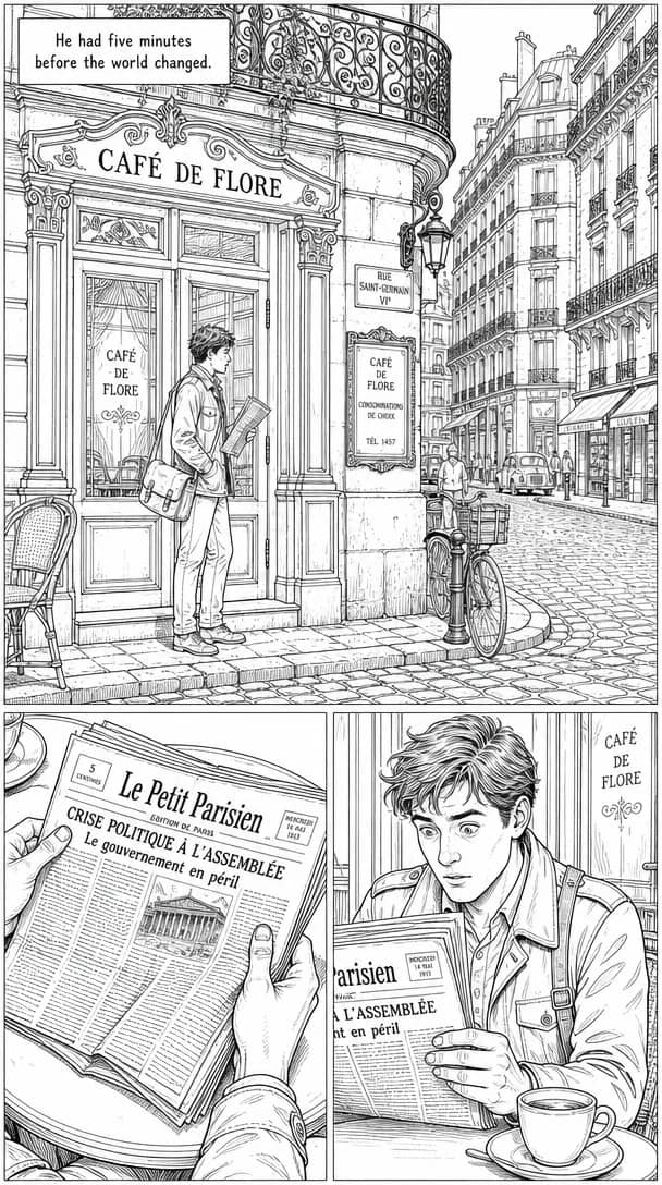 A young man buys a newspaper outside a Parisian cafe, reads a political headline, and looks up in alarm over his coffee