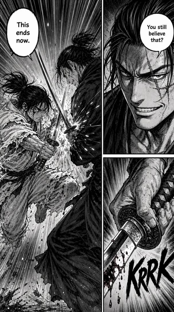 Two swordsmen lock blades in a shower of sparks; a scarred fighter grins, and a katana cracks under the strain