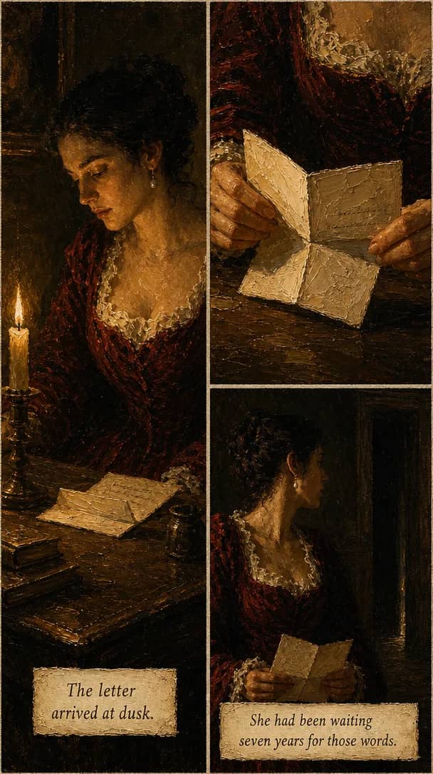 A woman in a dark red gown reads a letter by candlelight at a wooden desk, her face lit from below