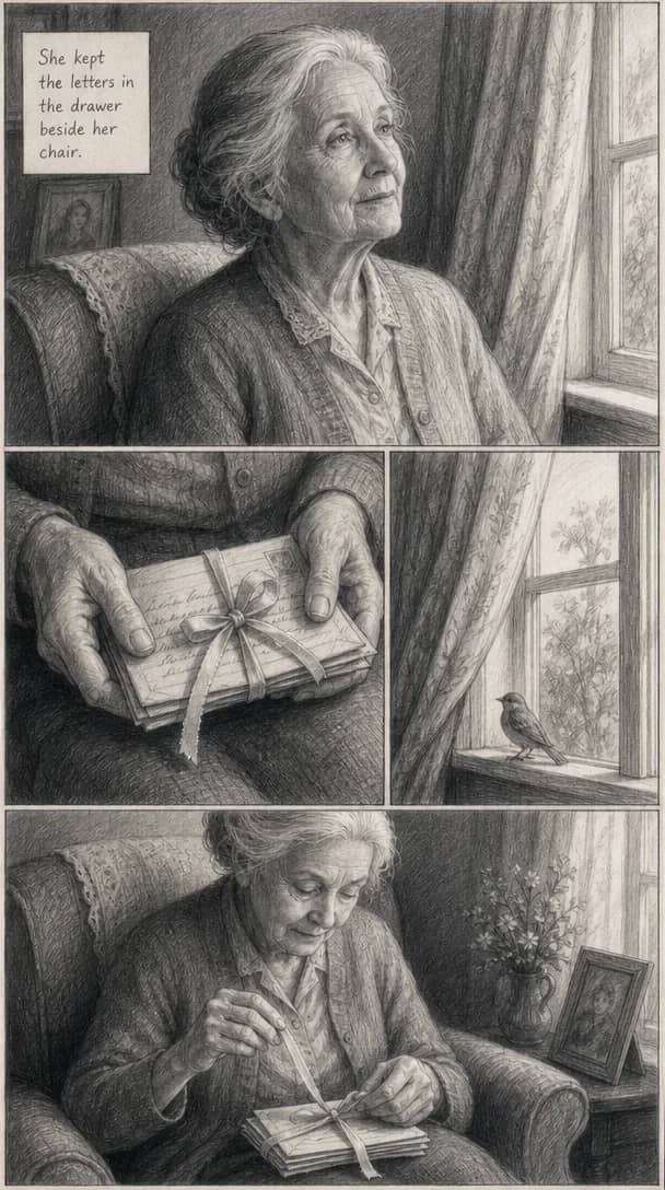 An elderly woman by a window holds a ribbon-tied bundle of letters, a bird on the sill, and unties them in her chair