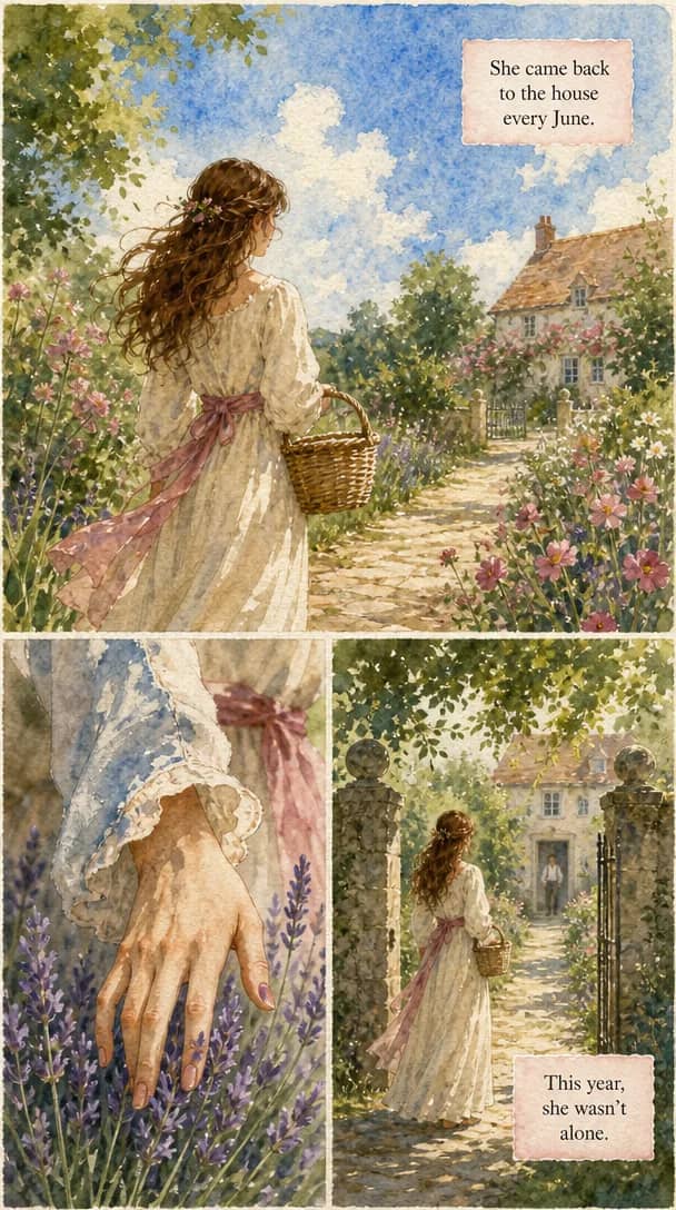 A woman in a pale dress carries a basket up a flowered path to a cottage, her hand brushing lavender as she goes
